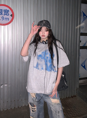 SXIMINU（2026）趣味猫狗印花T恤女宽松显瘦t恤情侣显白短袖上衣