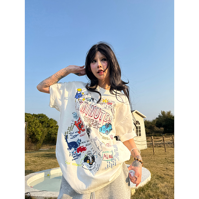 纯棉短袖圆领彩绘印花T恤女情侣