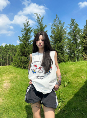 Sixminu 美式复古可爱kitty猫背心女宽松内搭无袖T恤女工字型上衣