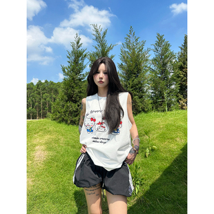 Sixminu 美式复古可爱kitty猫背心女宽松内搭无袖T恤女工字型上衣