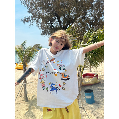童趣少女风涂鸦印花短袖T恤女夏
