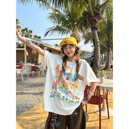 手绘涂鸦印花短袖T恤女夏上衣t恤