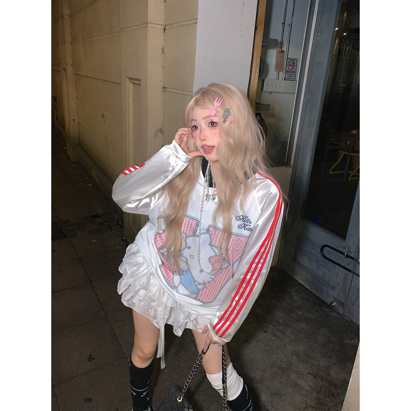 运动风kitty猫球衣长袖卫衣网眼t