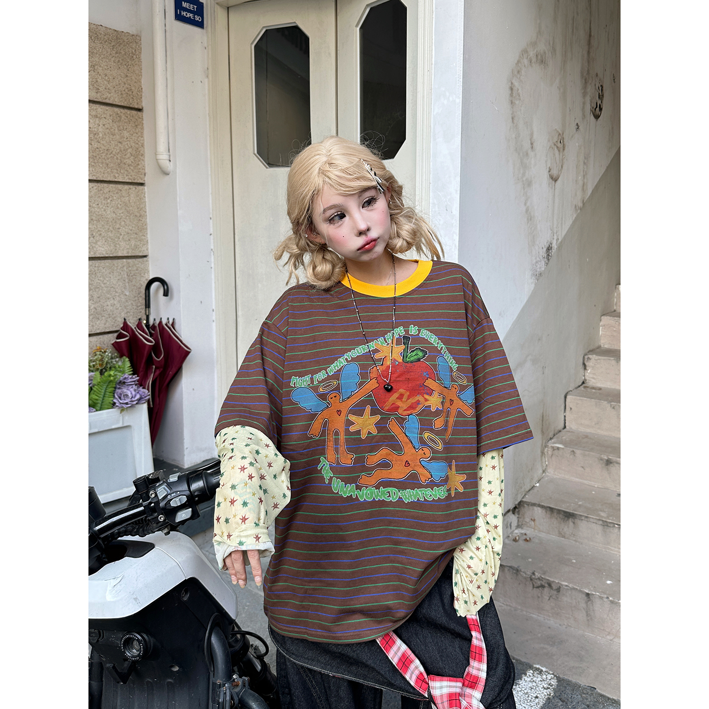 假两件碎花袖卫衣复古条纹上衣潮