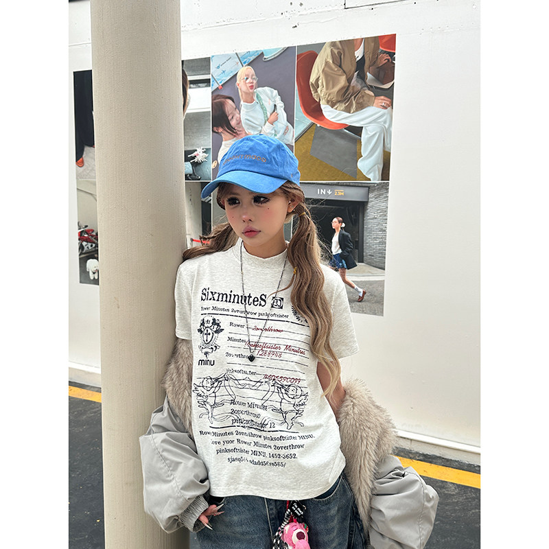 Sixminu 美式复古字母印花正肩短袖T恤女夏季休闲小高领修身t恤潮