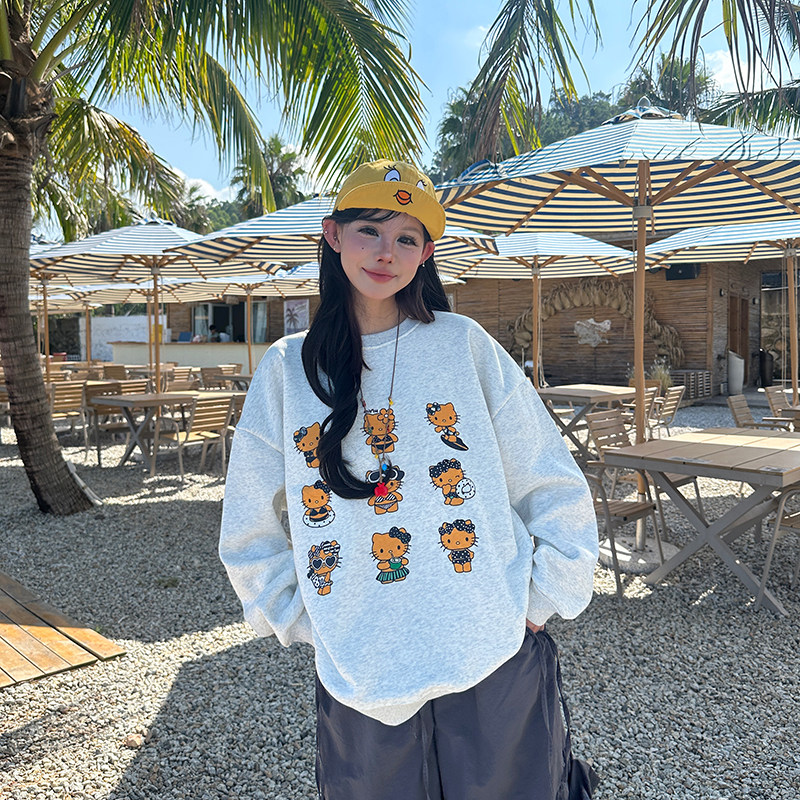 童趣味风印花圆领卫衣女松弛上衣