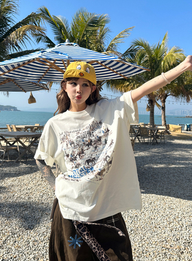 SIXMINU 美式纯棉圆领短袖T恤男女宽松显白半袖上衣字母印花t恤女