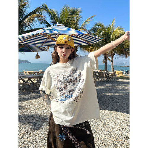 美式复古印花短袖情侣t恤上衣女