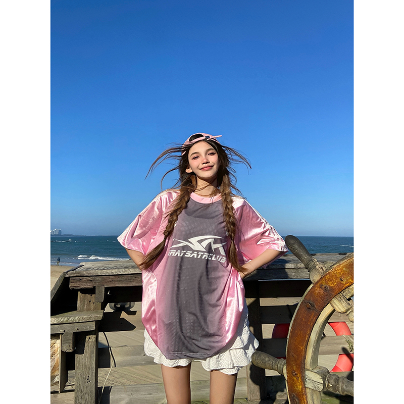 三杠网纱拼接球衣T恤女运动T恤女