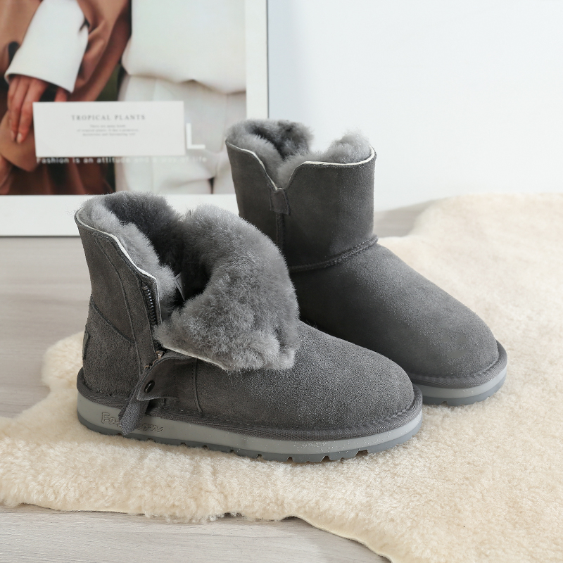 雪地靴冬季侧拉链真皮羊毛