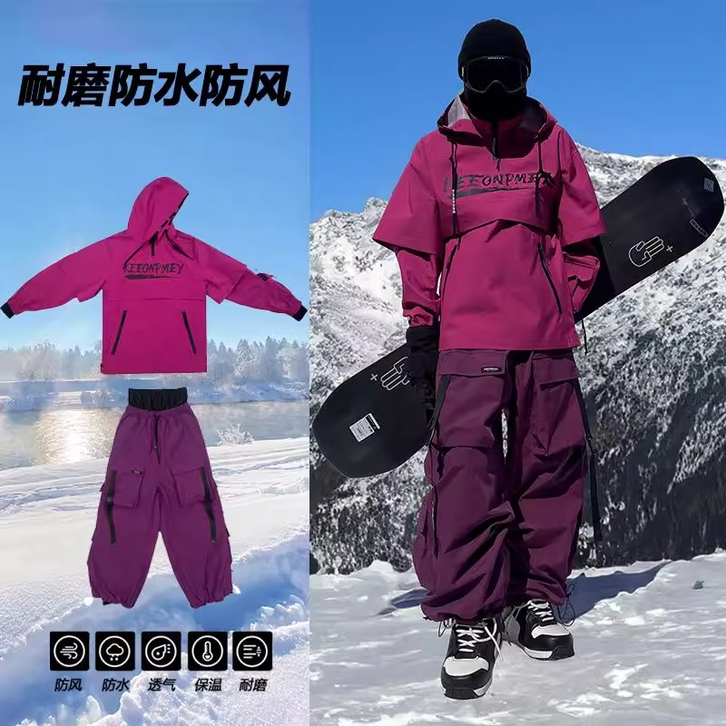 冬季重工防水滑雪服套装男美式抽绳解构运动卫衣登山雪地裤两件套