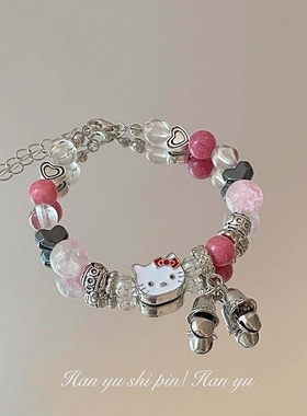 新款心粉色串珠kt猫手链时尚多巴胺猫咪铃铛手环可通卡通手串