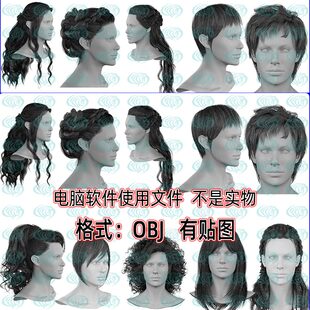 C4D女士头发短发卷发丸子头发型obj大波浪3D模型blender建模 10款