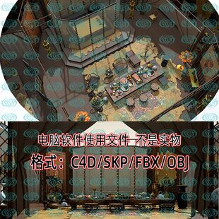 maya 3dmax中式 古代军队主帅营帐宴席酒肉水果3d模型SU C4D unity