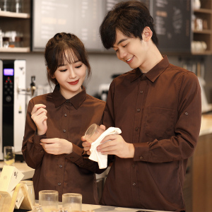 餐厅服务员工作服衬衣男女咖啡烘焙奶茶店长袖秋冬工装定制印logo