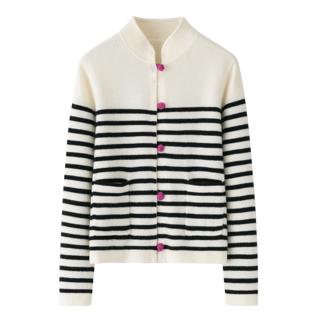 简卡斯盘扣纯山羊绒女加厚开衫条纹外搭毛衣外套气质别致正品毛衫