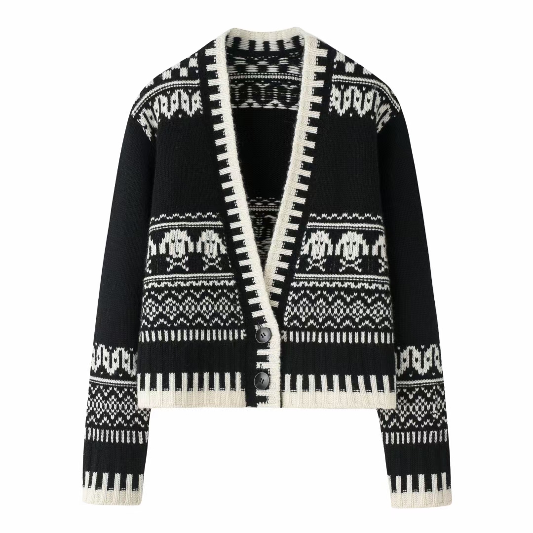 100%纯山羊绒女V领复古提花款黑白拼色休闲慵懒款羊绒衫针织毛衣