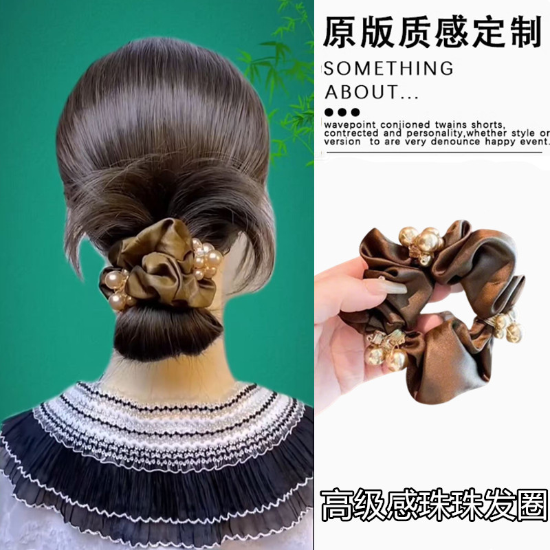 2025高级感缎面黑色大肠发圈简约气质珠珠盘发无痕耐用头绳发绳