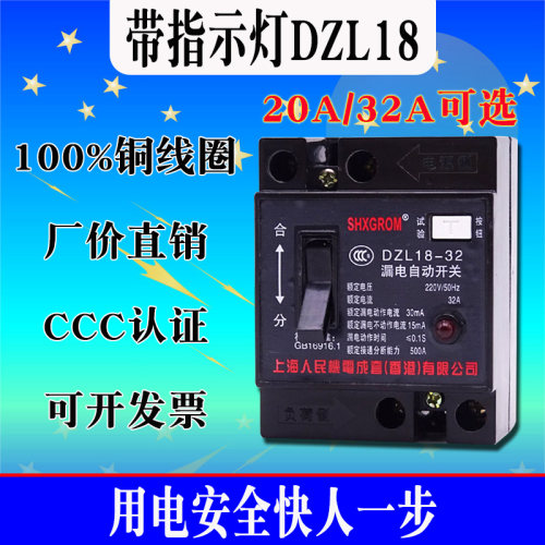 上海人民工业漏电保护器自动空气开关家用20A32A断路器DZL18-20 - 封面