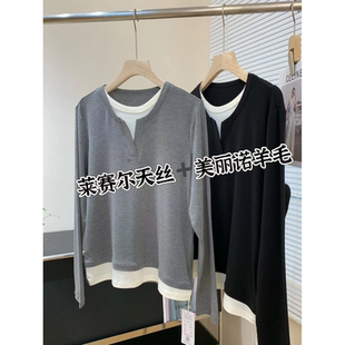 WTHEONE高品质亲肤透气休闲天丝羊毛假两件针织衫半开门长袖T恤女