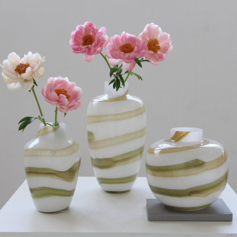 复古条纹不规则水墨纹玻璃花瓶大肚子家居样板房间客厅插花摆件