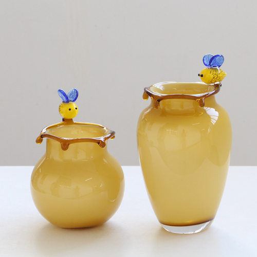 创意黄色蜜蜂装饰玻璃花瓶餐厅客厅插花水培家居装饰摆件北欧