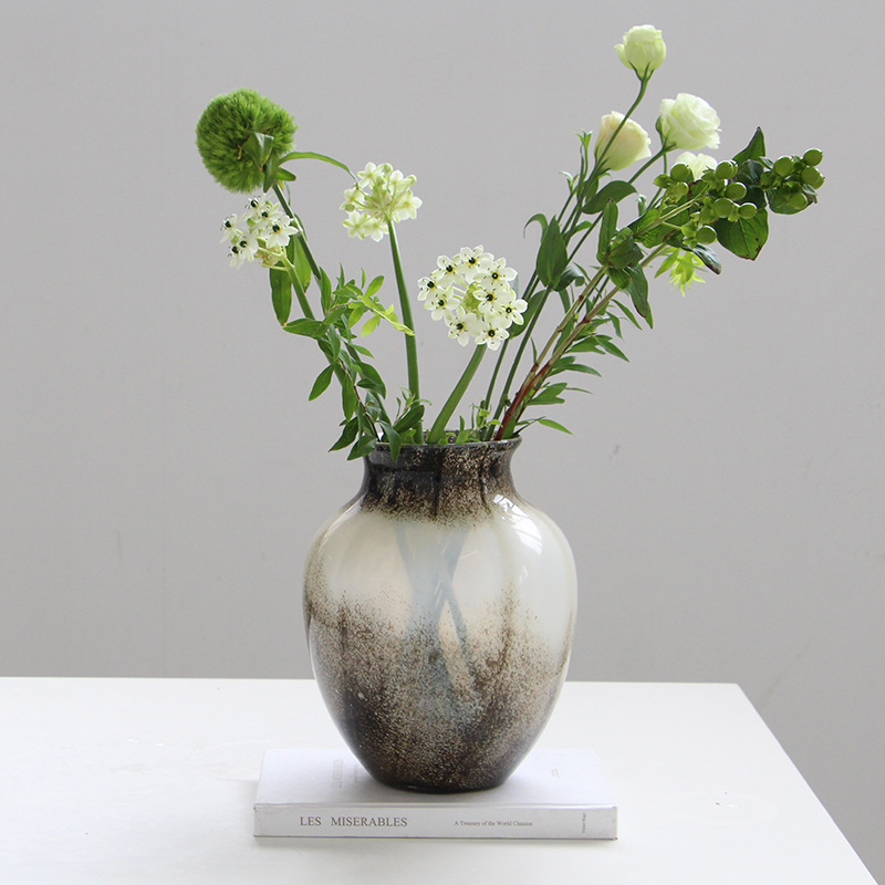 玻璃花瓶鲜花复古摆件餐桌干花中古小口大肚玻璃水培花器艺术