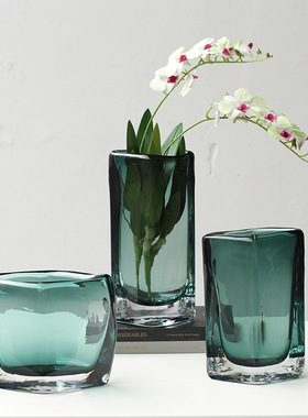 SoftHome现代简约厚重扁形烟灰方口花瓶房客厅酒店软装几何摆件