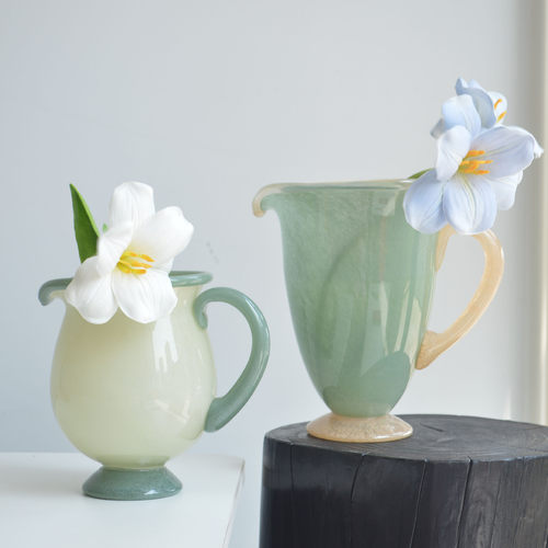 SoftHome复古中古风拼色玉感法式水养插花器客厅家居装饰花瓶玻璃