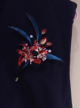 非遗绒花仿真花纯手工制作婚嫁国风优雅气质红色兰花胸针