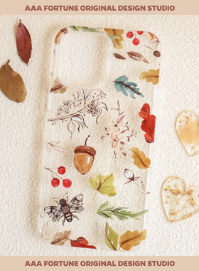 AAA FORTUNE透明秋叶橡果氛围感唯美手机壳亮面大孔适用于苹果iPhone17ProMax/17Air/14Pro/13ProMax/13