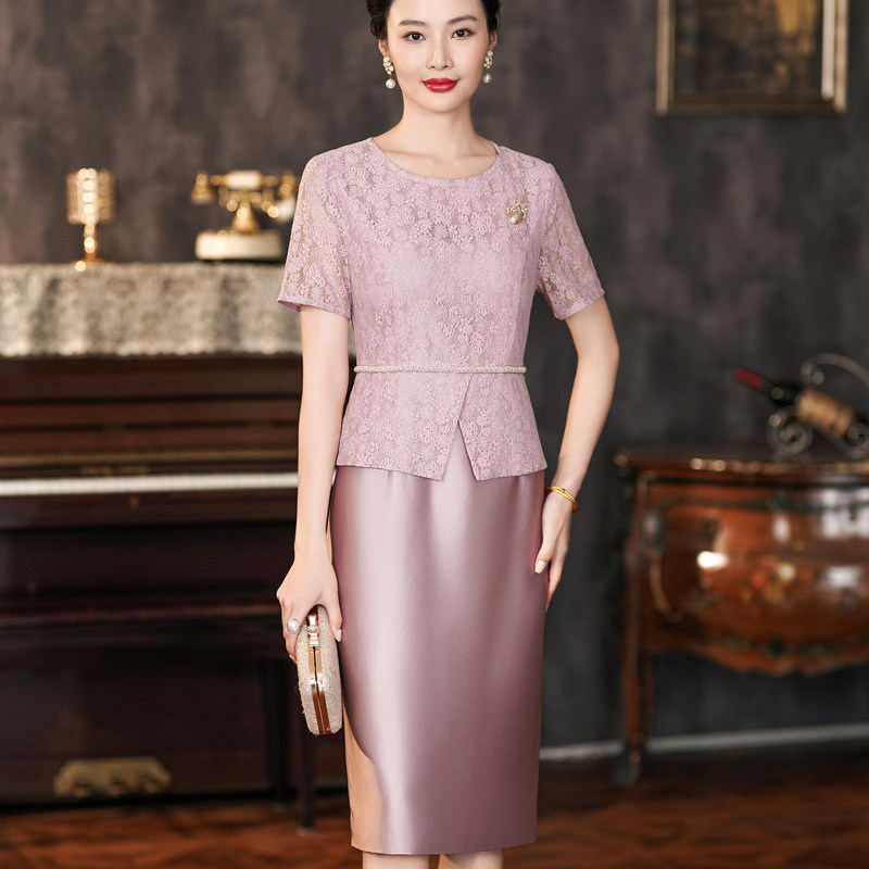 婚礼喜婆婆婚宴装高贵年轻夏季连衣裙假两件套裙结婚庆妈妈礼服春