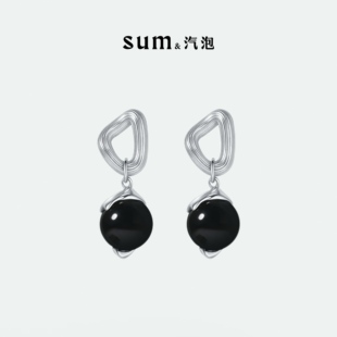 SUM汽泡·檀木黑玛瑙球拉丝水波纹耳环·原创设计款 精致知性