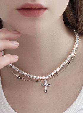SUM汽泡·珍珠双层十字架项链·原创设计款精致百搭设计单品