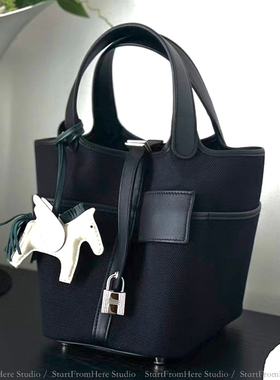 帆布菜篮子18cm 高级感swift皮水桶包 百搭黑色芝麻色手提托特包