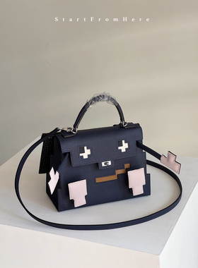 午夜蓝马赛克娃娃包 半手工蜡线epsom牛皮恶搞凯莉包手提单肩斜挎