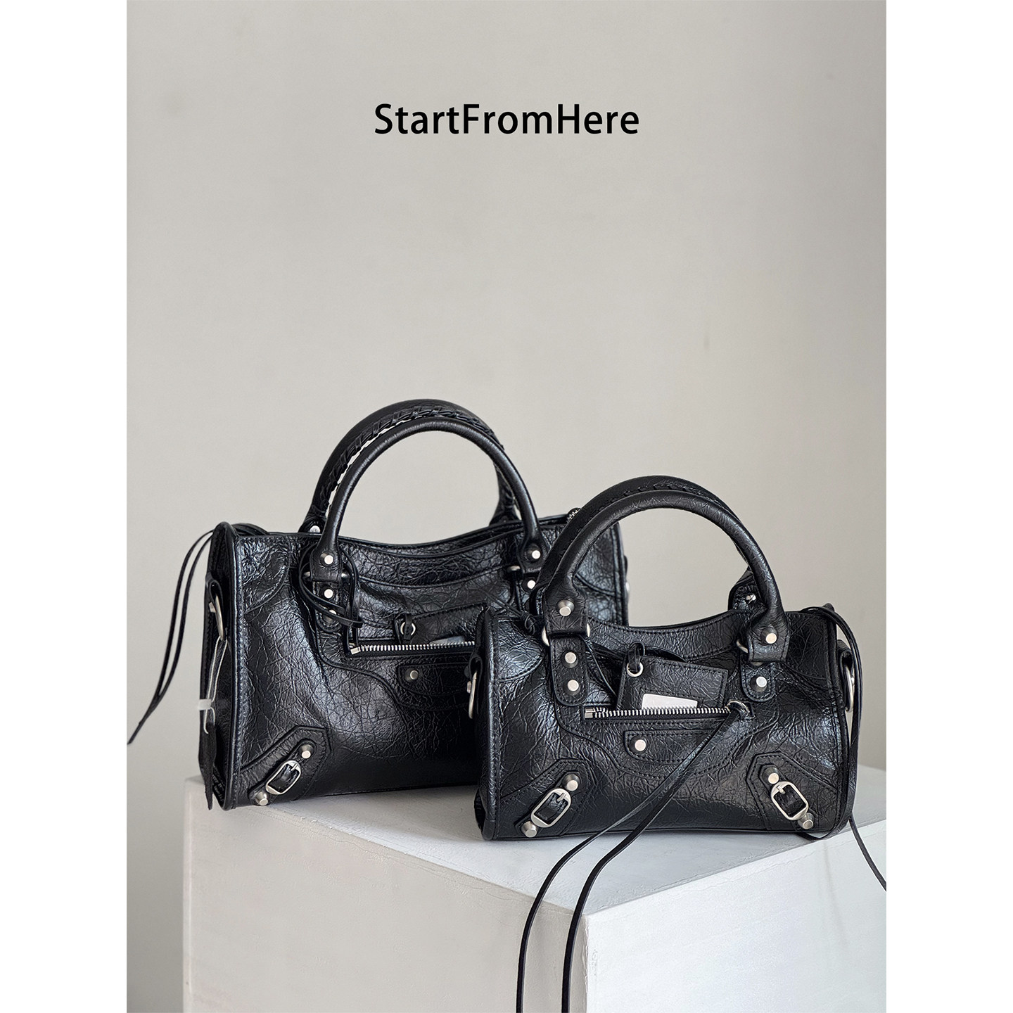 StartFromHere｜迷你油蜡皮黑银机车包24cm 欧美时髦手提斜挎包女