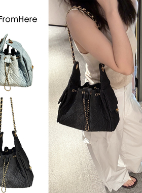 小香风渐变牛仔hobo抽绳流浪包 jennie同款菱格链条单肩腋下包女