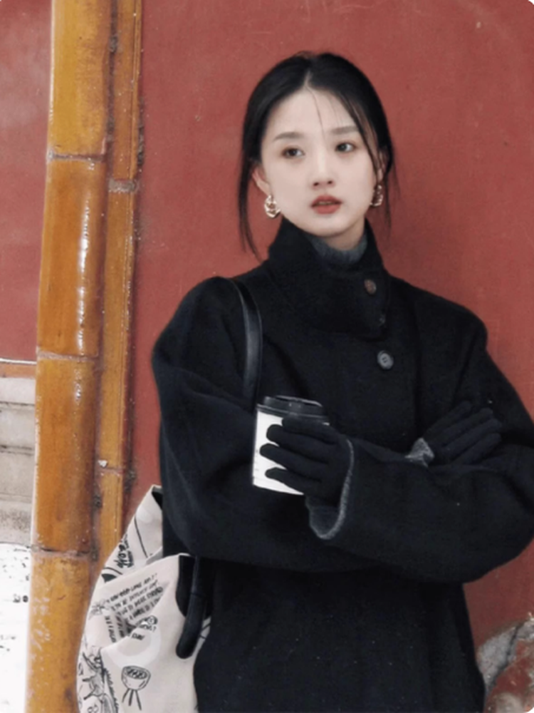 黑色双面羊绒大衣女2025年秋冬新款小个子中长款收腰立领羊毛外套