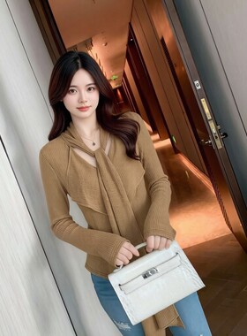 高品质设计感飘带V领针织衫女2026春夏季新款简约百搭慵懒感上衣