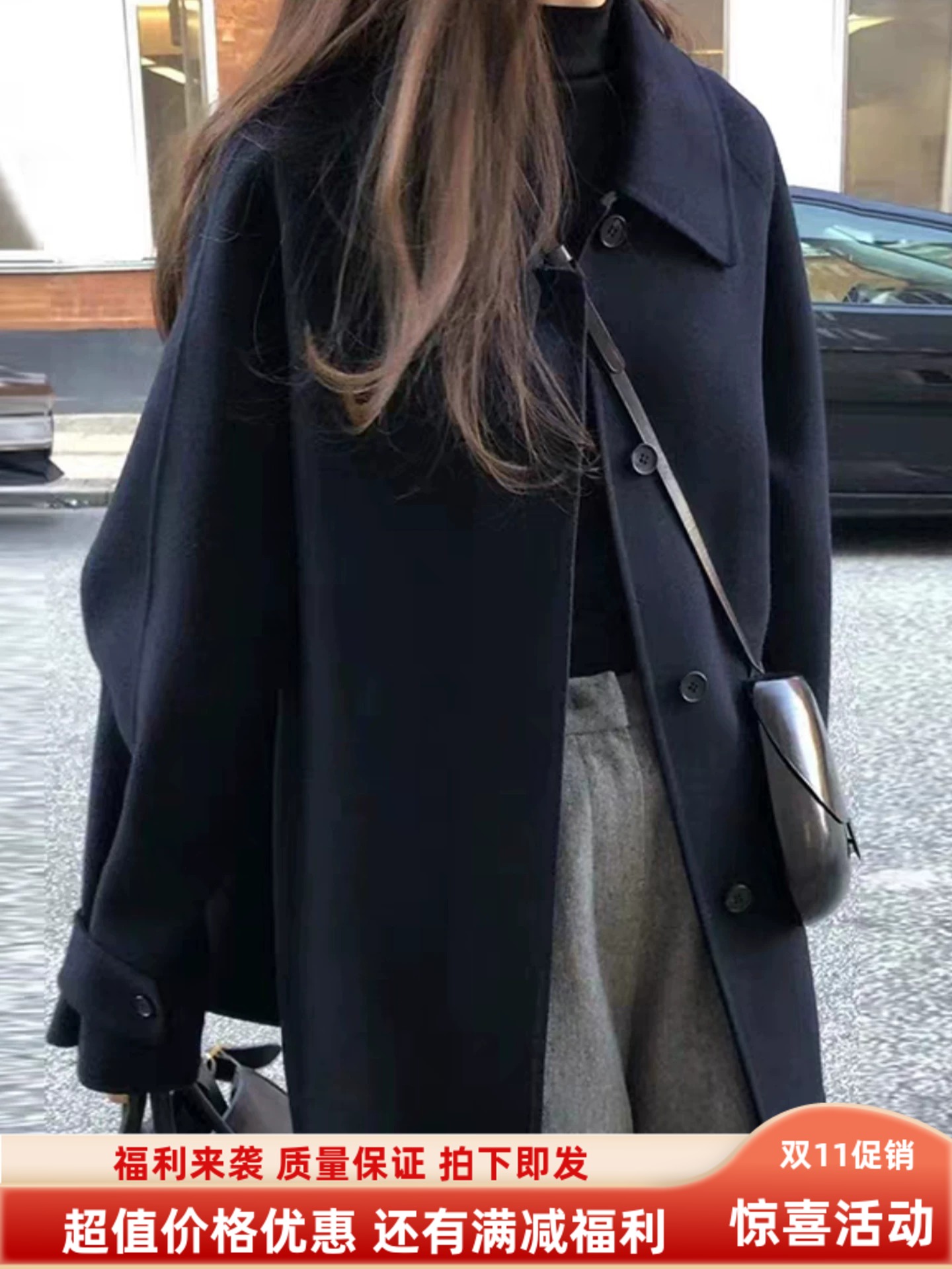 黑色短款双面羊绒羊毛大衣2025秋冬季女翻领单排扣小个子毛呢外套