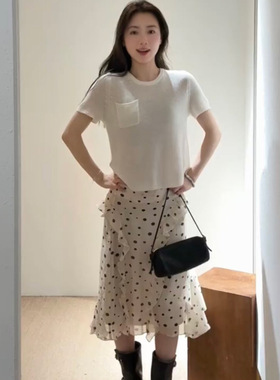 oker章壳儿2026春季新款女天丝波点半身裙+全羊毛后开叉短袖针织