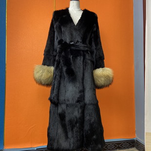 显瘦御寒过膝长款 2024整皮安哥拉兔毛超大毛领袖 口皮草外套修身