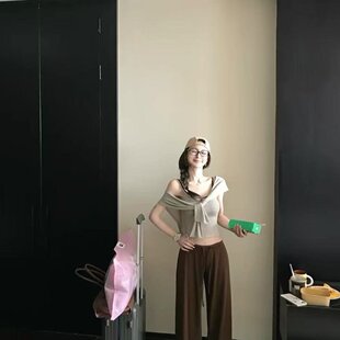 Skk Store 慵懒生巧棕210G天丝针织条纹吊带/亚麻罩衫/休闲裤套装