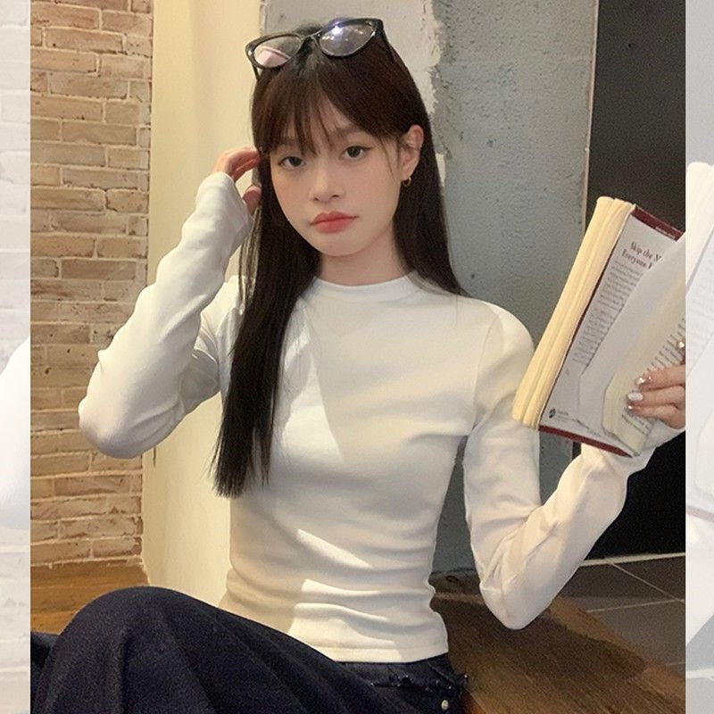 双面德绒半高领加绒2025秋冬季内搭百搭打底衫女磨毛长袖t恤上衣