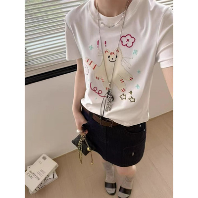 短款短袖t恤女2025新款夏季正肩纯棉体恤小个子设计感印花上衣