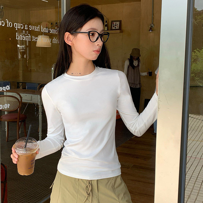 美式白色正肩长袖t恤女2026秋季修身收腰紧身内搭打底衫圆领上衣