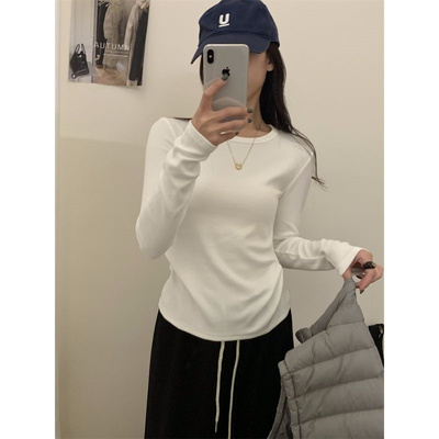 韩版弹力修身长袖T恤女2025秋冬季新款简约纯色小个子打底衫上衣