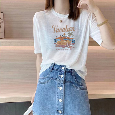 欧货白色圆领薄款短袖T恤女夏2025新款别致印花百搭修身显瘦上衣