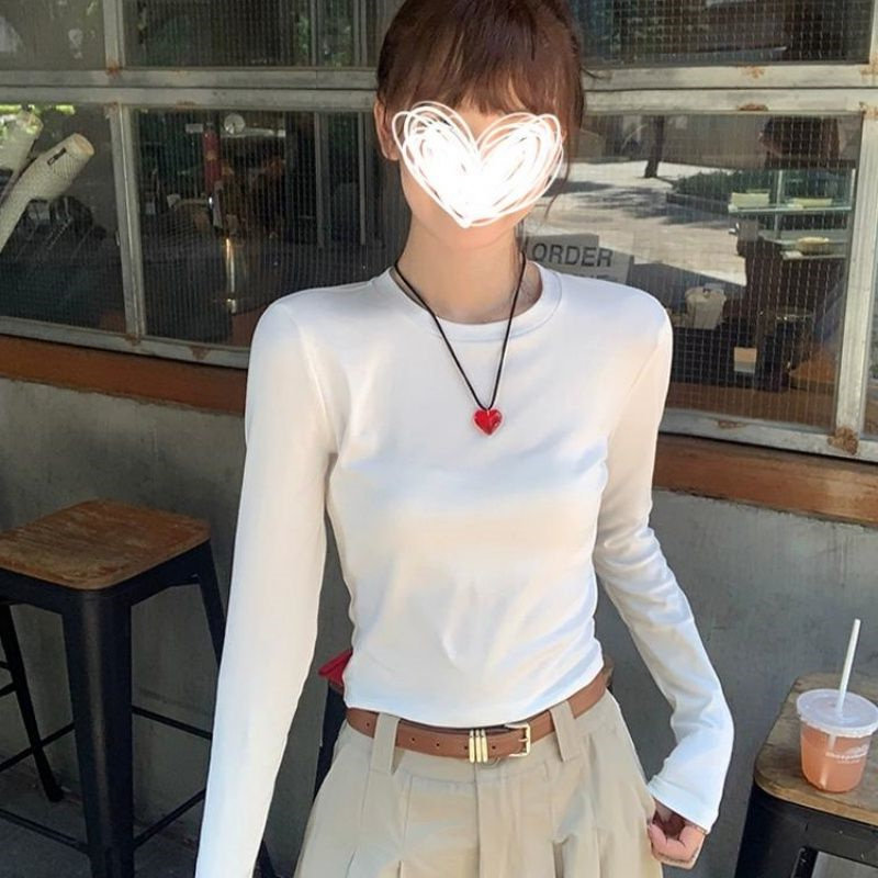 白色圆领正肩长袖t恤修身内搭早秋女士上衣紧身女款25秋季打底衫